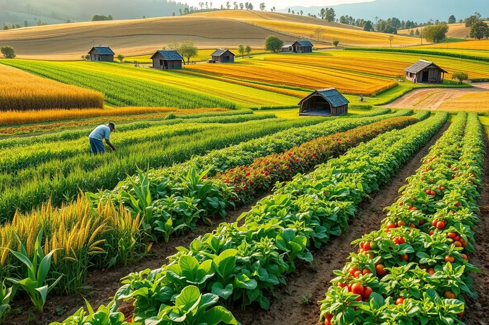 Culturas diversas em uma fazenda familiar simbolizando a agricultura sustentável