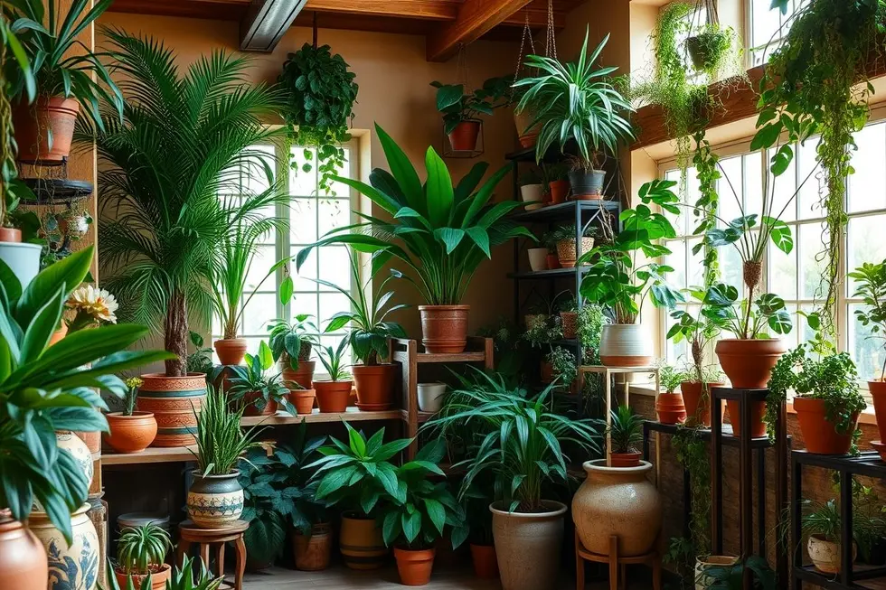 Ambiente interno decorado com várias plantas