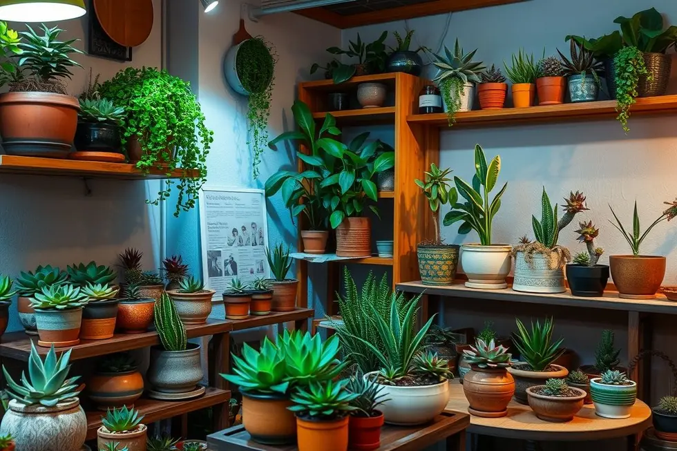 Ambiente interno decorado com várias suculentas, oferecendo uma atmosfera aconchegante