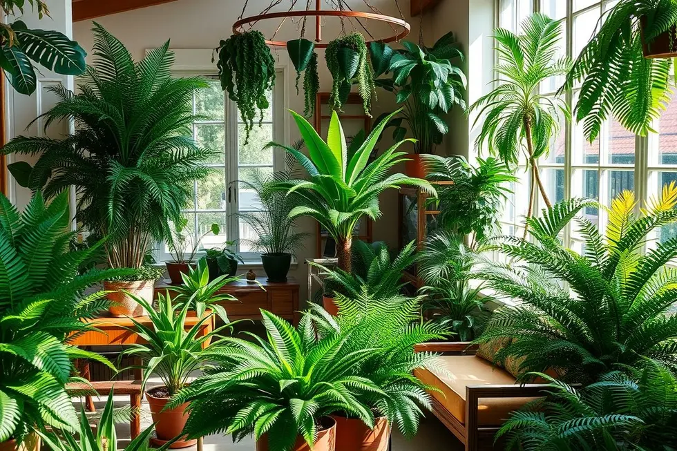 Ambiente interno decorado com samambaias em vasos