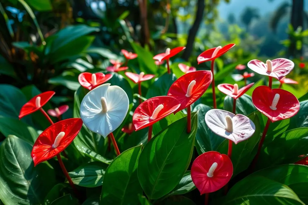 Exibição vibrante de várias plantas de antúrio