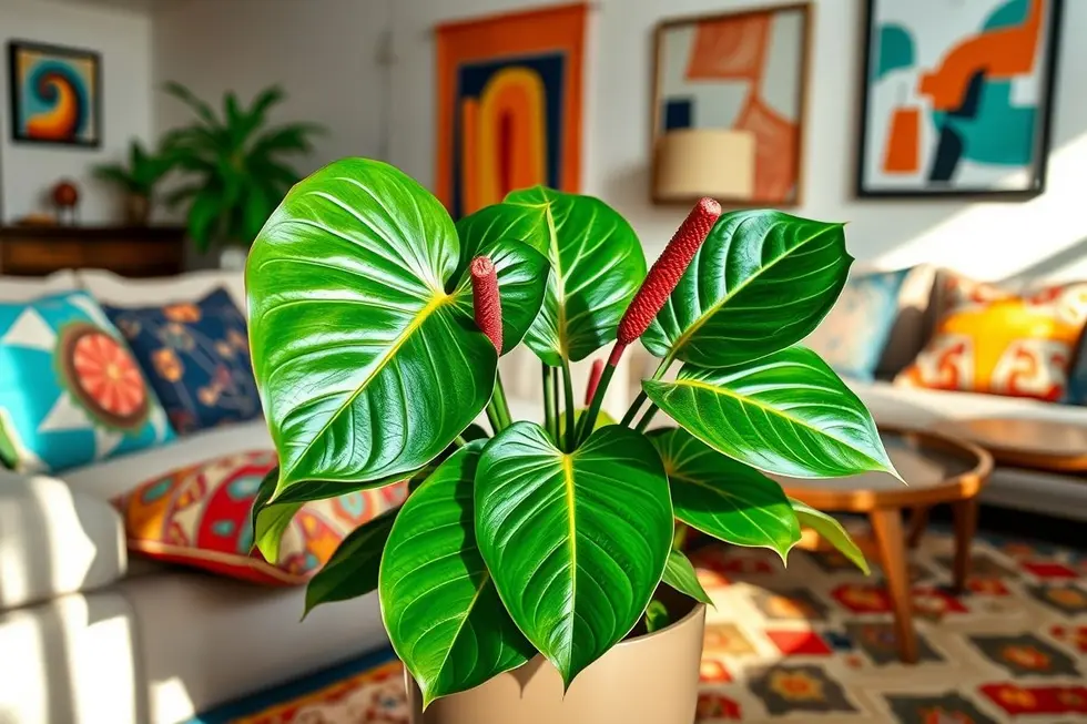 Antúrio Rabinho-de-Porco em vaso moderno rodeado de decoração vibrante.