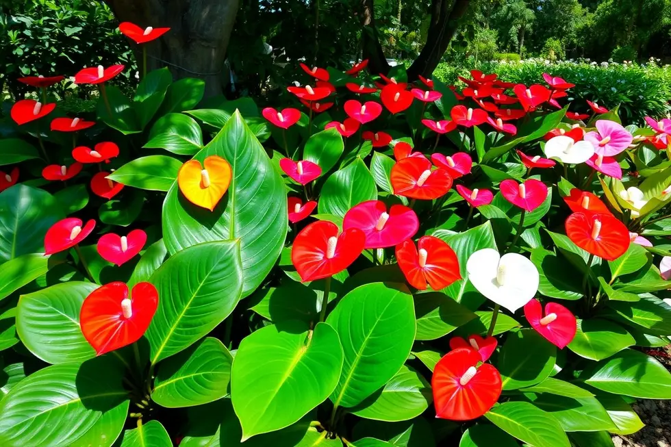 Exibição colorida de Antúrios Rabinho-de-Porco em um jardim