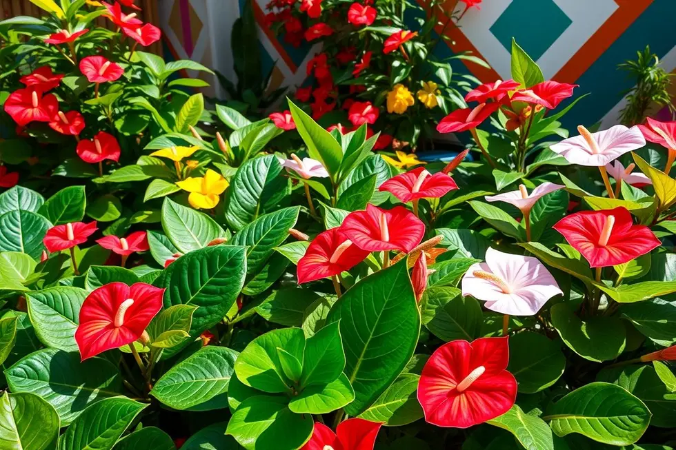 Jardim repleto de Antúrios desenhando um cenário nostálgico