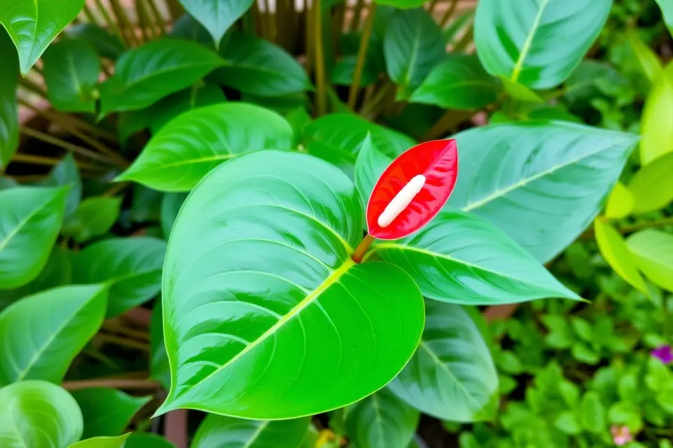 Antúrio Rabinho-de-Porco em meio a um belo jardim.