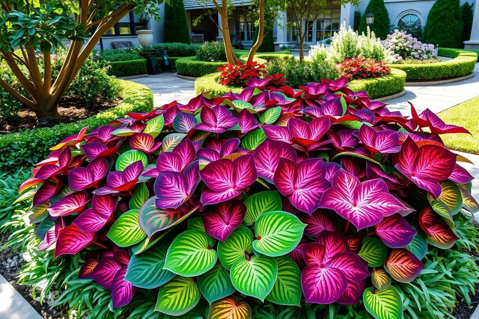 Plantas Caladium dispostas de forma impressionante em um jardim.