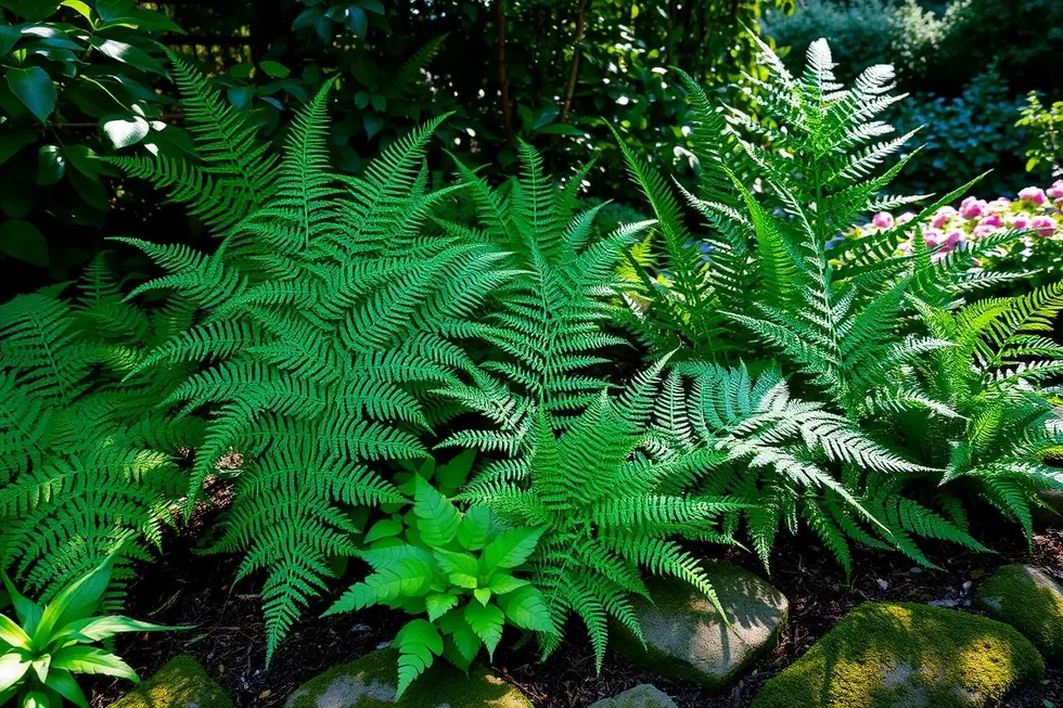 Diversas samambaias em um arranjo de jardim
