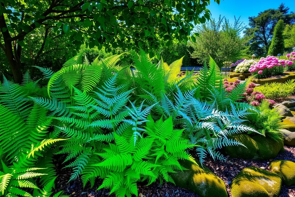 Imagem de um arranjo de várias espécies de samambaias em um jardim