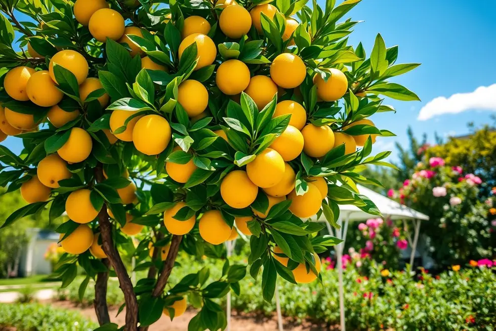 Uma árvore de limão cheia de frutos em um ambiente ensolarado.