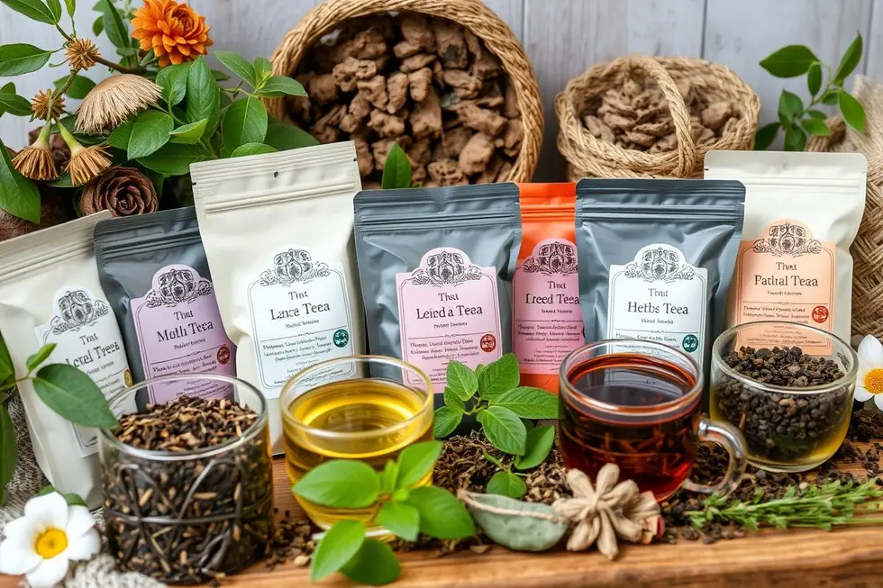 Diversidade de chás herbais expostos de maneira convidativa