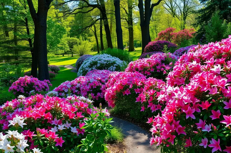 Jardim repleto de azaleias em flor, mostrando uma variedade de cores e beleza