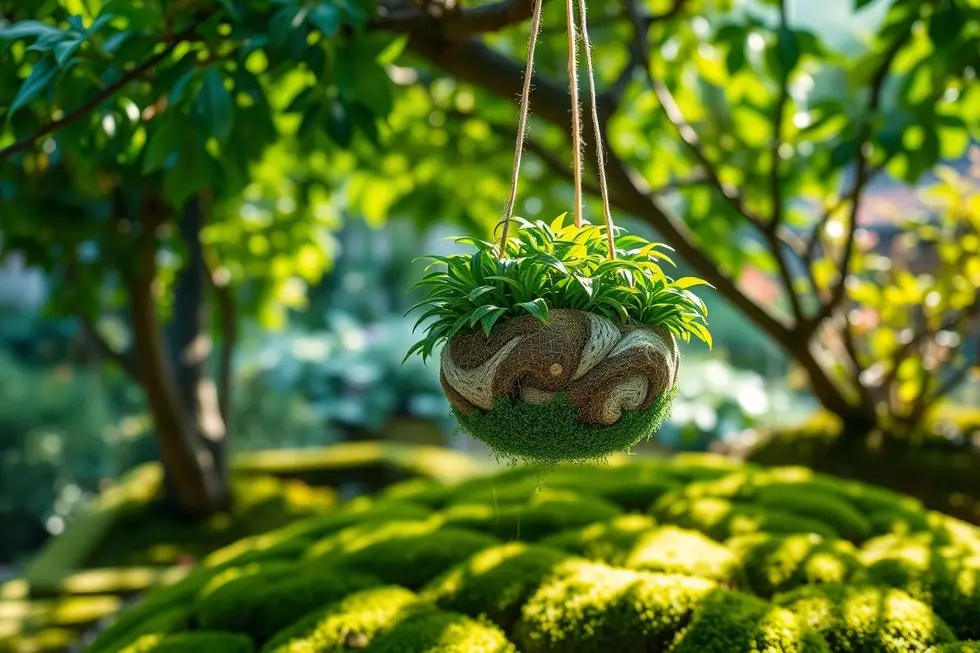 Uma kokedama linda em um jardim tranquilo, mostrando a beleza das plantas.