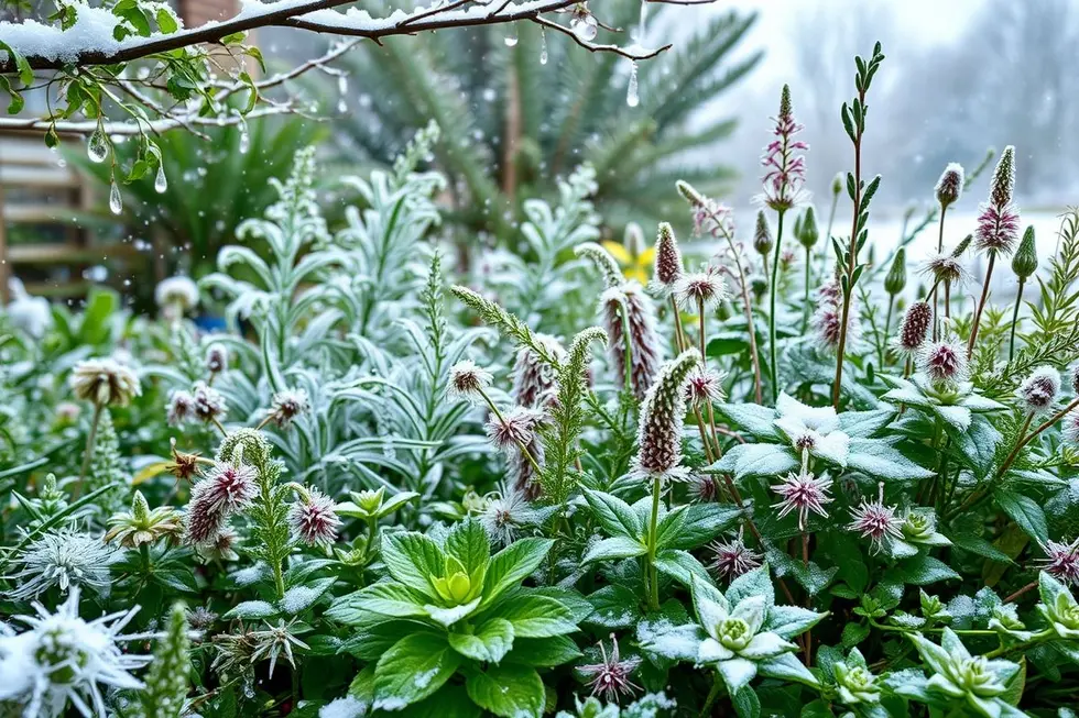 Jardim de inverno bonito com plantas medicinais sob uma leve neve