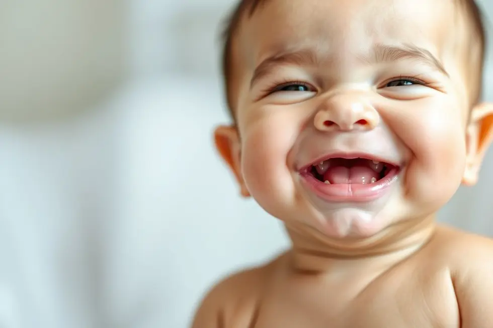 Um bebê sorridente representando o alívio da constipação