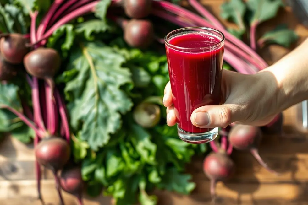 Pessoa segurando um copo de suco de beterraba, rodeada por beterrabas frescas e vegetais verdes.