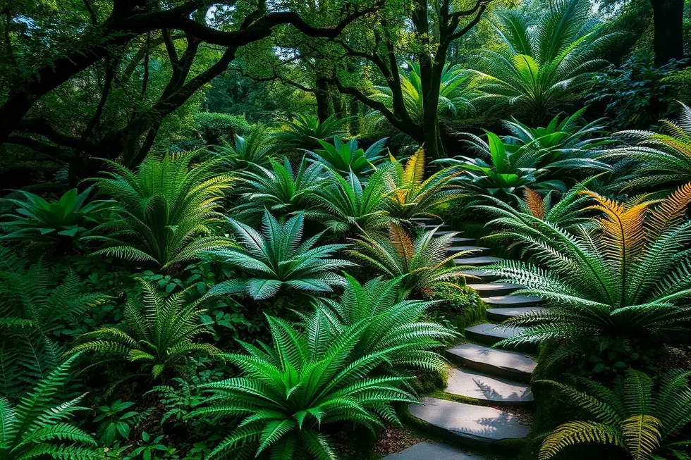 Uma apresentação impressionante de samambaias em um jardim bem projetado.