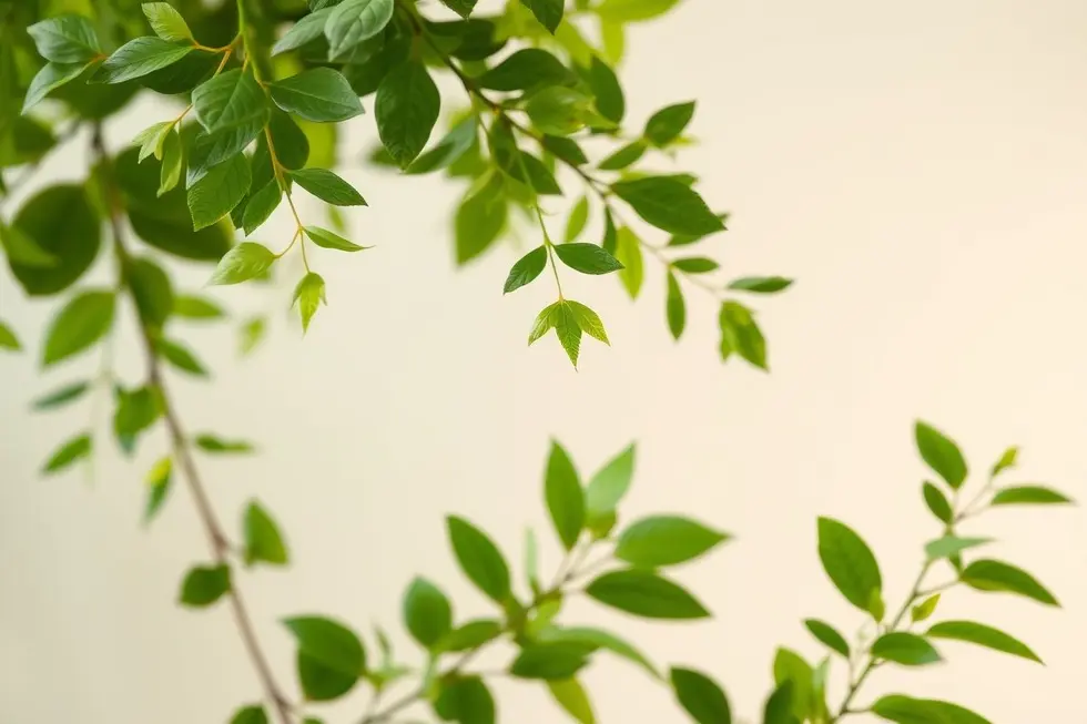Imagem serena de folhas verdes representando saúde e bem-estar natural.