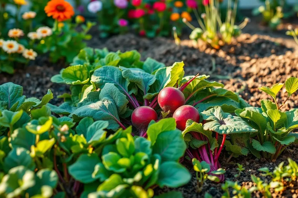 Horta caseira com beterraba e outras plantas saudáveis