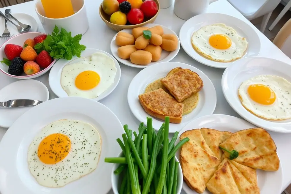 Uma mesa de café da manhã com ovos e frutas