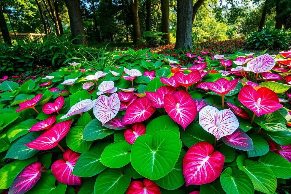 Variedades de caladium em cores vibrantes no jardim