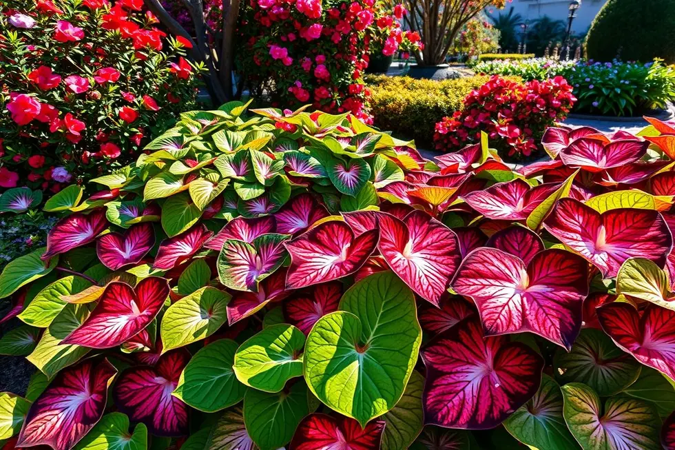 Jardim com diversas plantas de Caladium destacando suas cores vibrantes