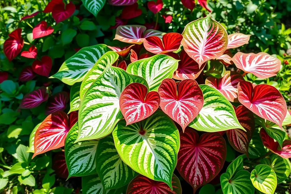 Planta de caladium impressionante com folhas vibrantes em um ambiente de jardim ensolarado.