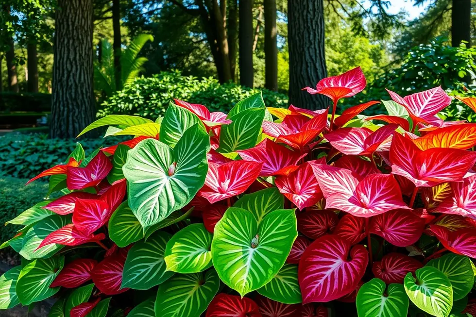 Um arranjo impressionante de plantas Caladium coloridas em um jardim.