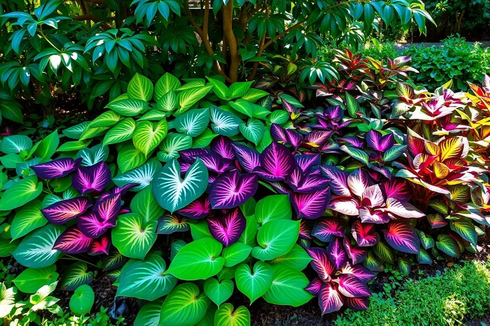 Jardim colorido com diferentes variedades de Caladium.