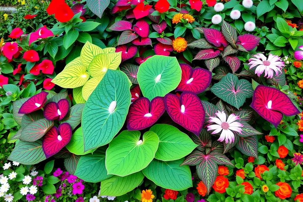 Exibição de várias plantas de Caladium cercadas por flores vibrantes e vegetação exuberante.