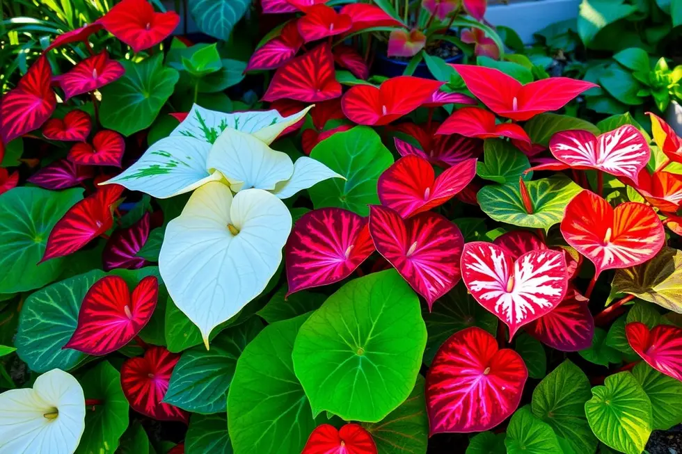 Várias plantas caladium em exibição com uma variedade de cores