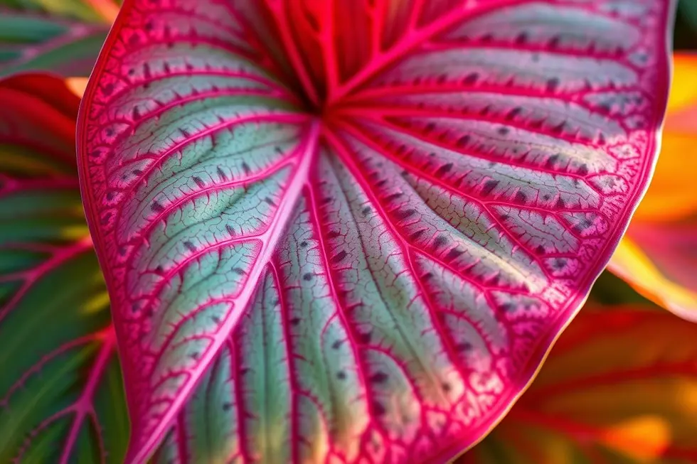 Detalhe de uma folha de caladium colorida.