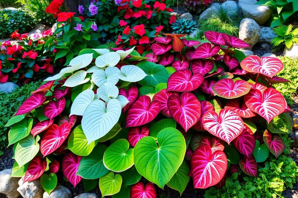 Composição de plantas de Caladium em um jardim