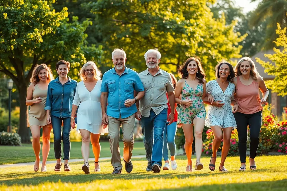 Grupo de pessoas caminhando com conforto e alegria