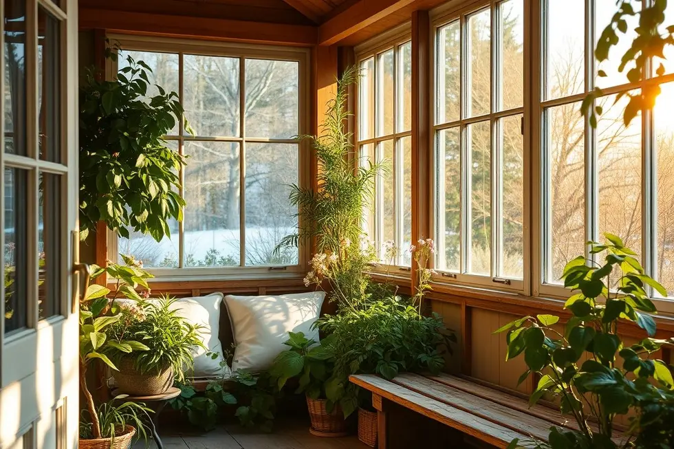 Canto de casa com jardim de inverno preenchido por luz natural.