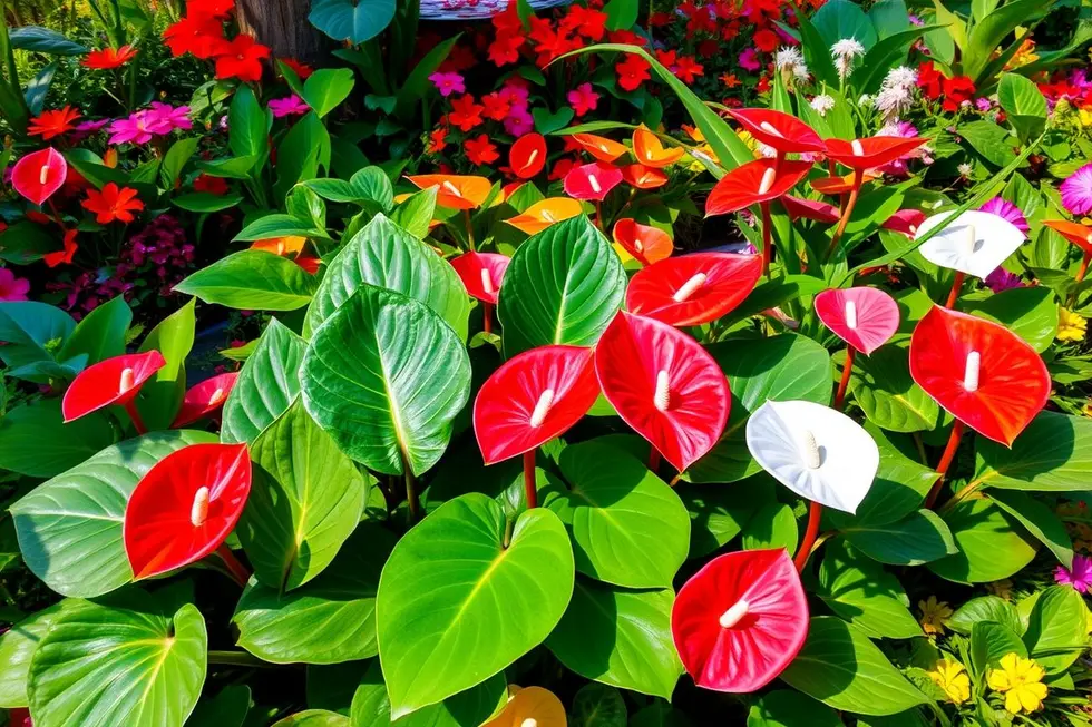 Variedade de plantas de antúrio em um jardim