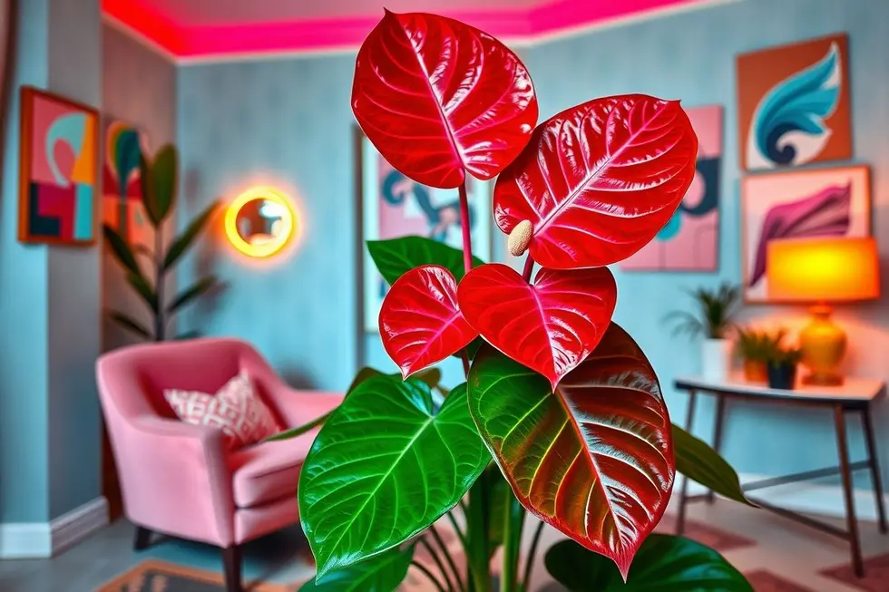 Stunning Anthurium plant in a beautifully decorated retro interior