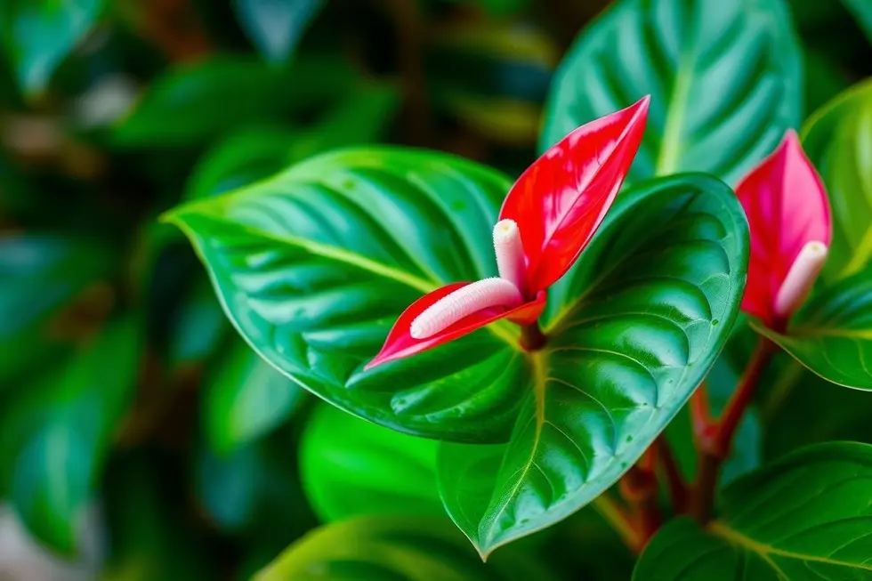 Detalhes da planta Antúrio Rabinho-de-Porco com flores coloridas