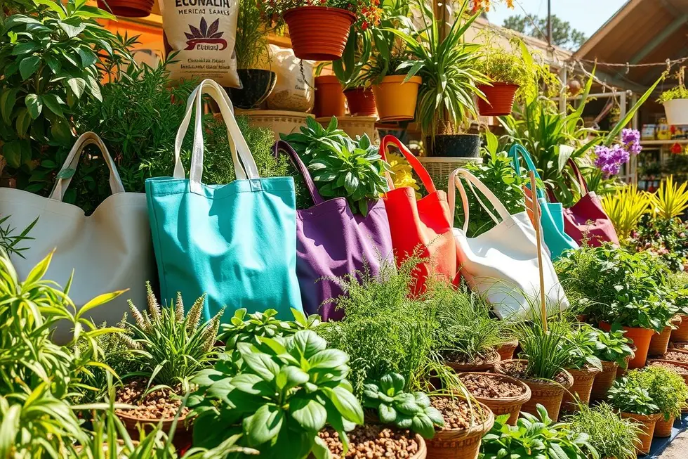 Várias eco bags coloridas expostas com plantas medicinais em um mercado
