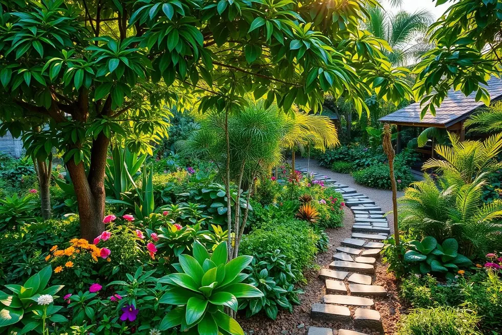 Um jardim vibrante mostrando várias plantas medicinais, destacando o guaimbê.