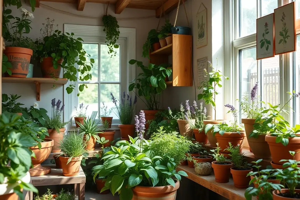 Jardim caseiro florido com ervas medicinais.