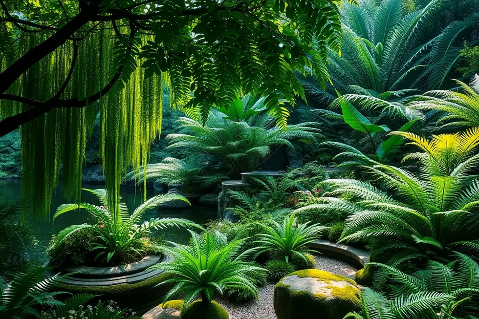 Jardim bem arranjado com diferentes espécies de samambaias.