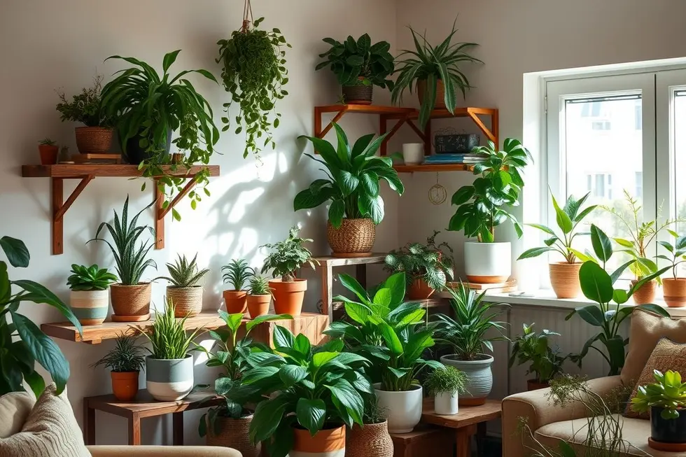 Várias plantas internas dispostas de forma bonita em um ambiente acolhedor