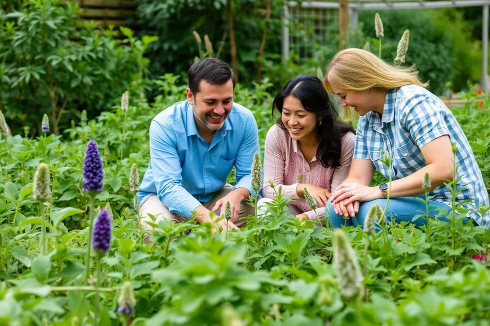 Uma família passando tempo juntos em um jardim de plantas medicinais