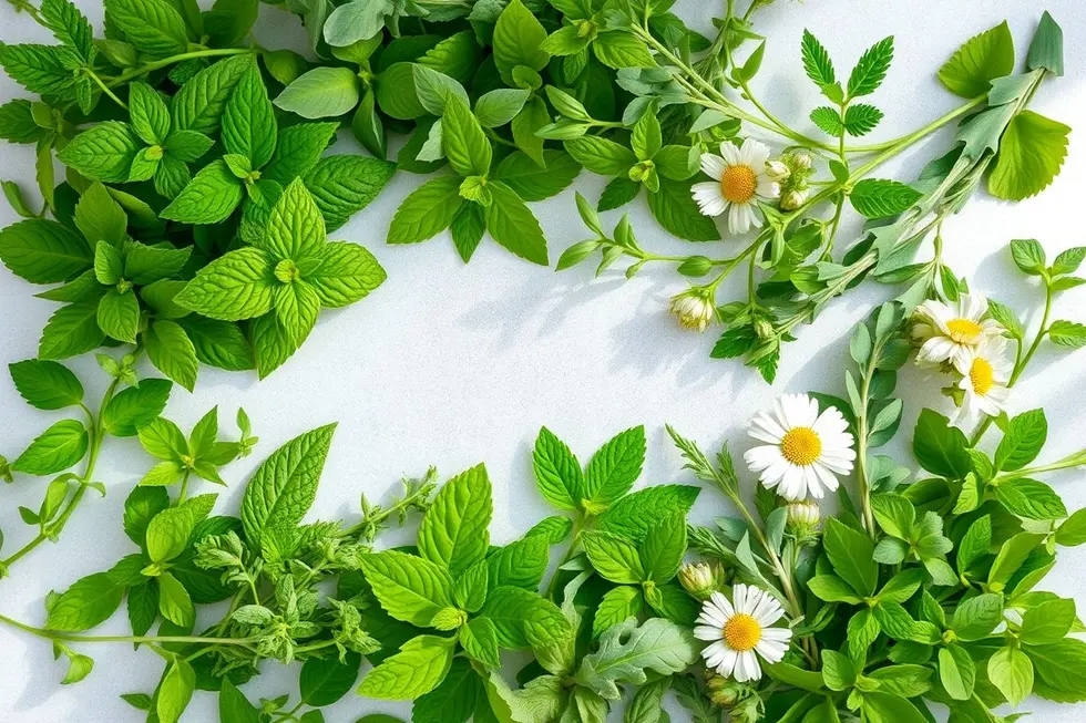 Arranjo artístico de várias plantas medicinais verdes.