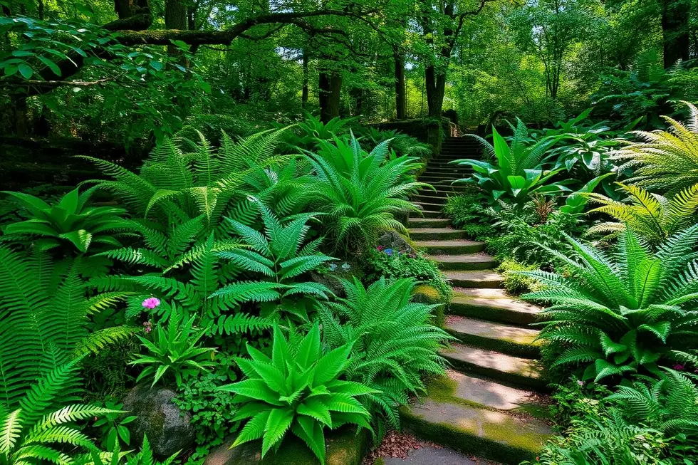 Visão geral de um jardim com samambaias