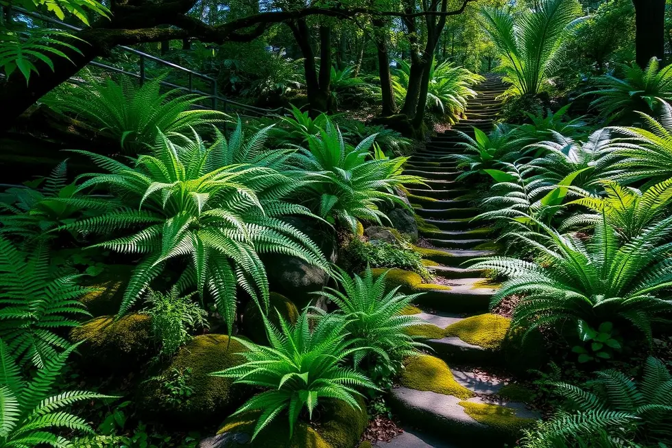 Exibição vibrante de várias samambaias em um jardim