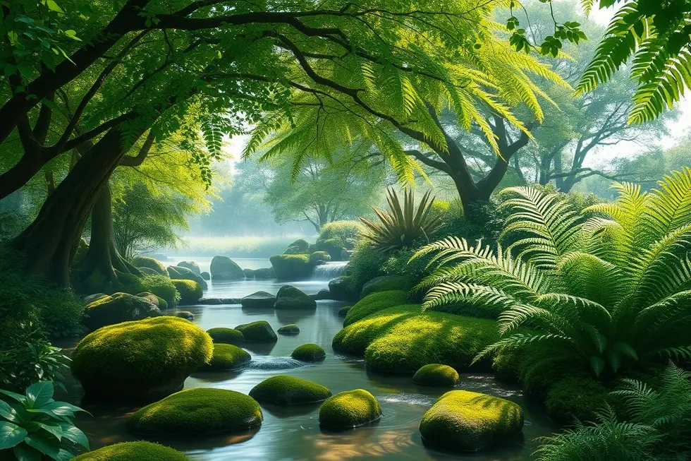 Paisagem encantadora com samambaias em um jardim.