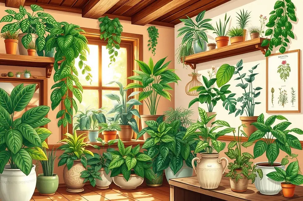 Capa do artigo com variedade de plantas medicinais em ambiente interno.
