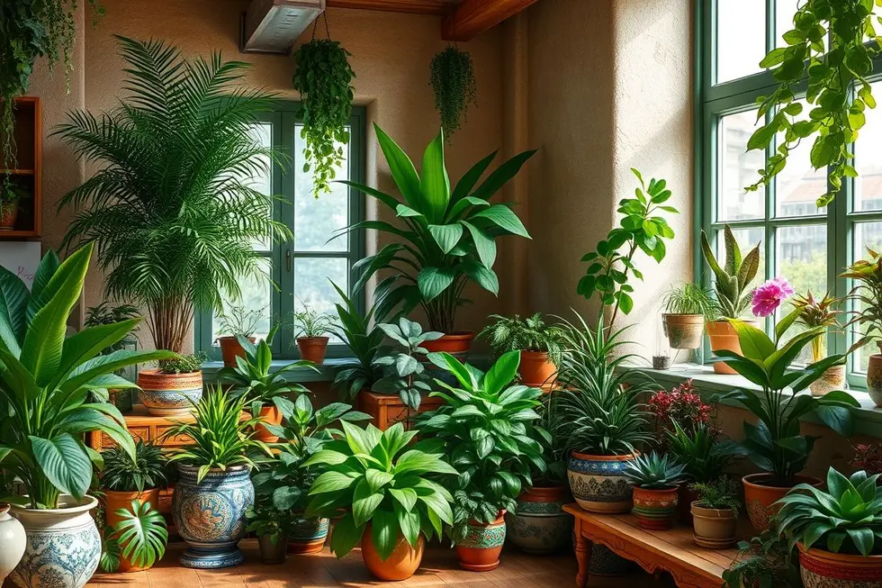 Um ambiente interno confortável com várias plantas em vasos decorativos
