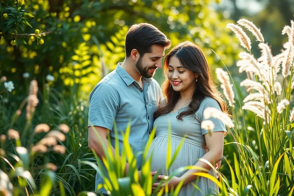 Casal esperançoso ao ar livre.